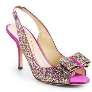 NWB Kate Spade NY CHARM Multi/Sparkle Glitter-Hot Pink Satin Peep Toe Heel 8
